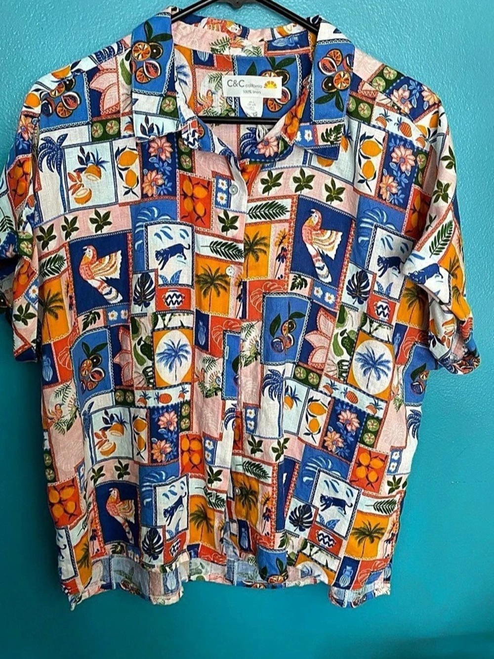 C&C California Patchwork Coastal Beachy Linen Shirt Size Large Like New